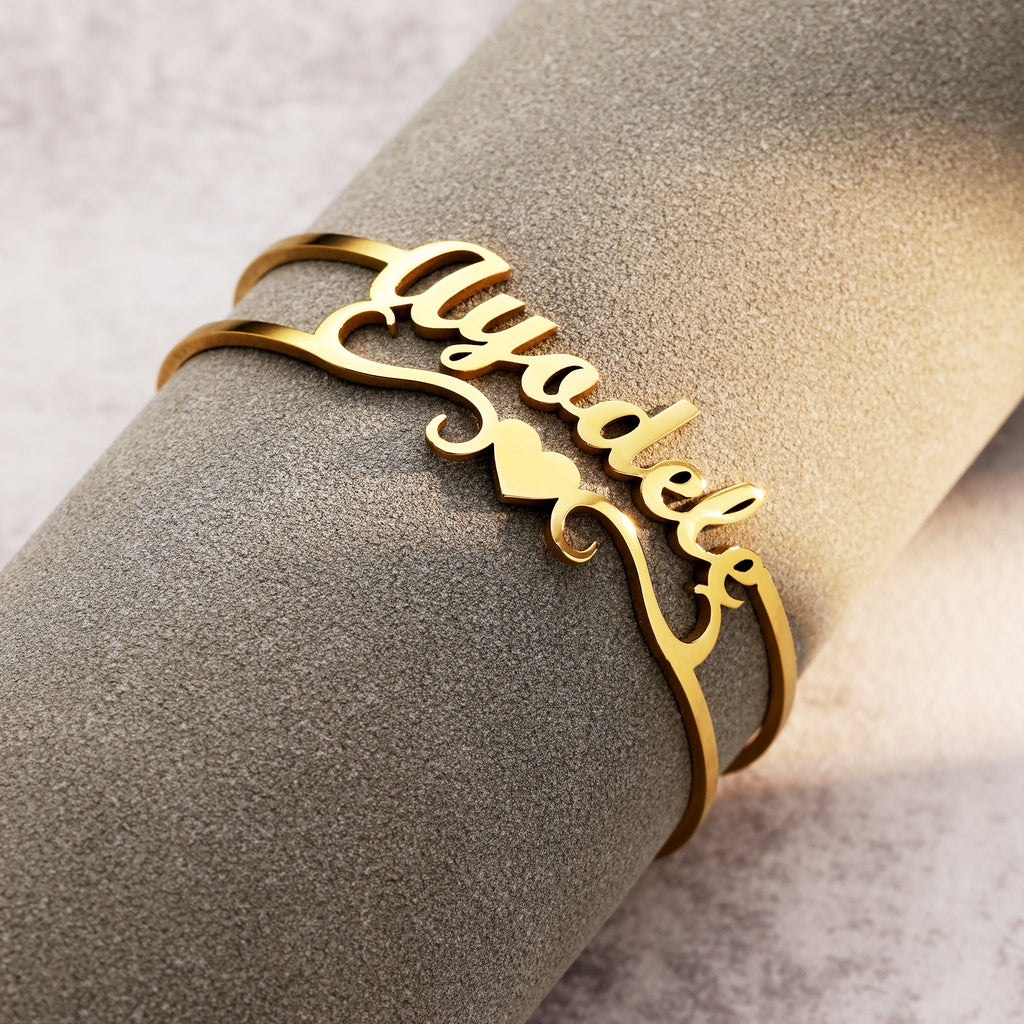 Customizable Name Heart Cuff Bracelet
